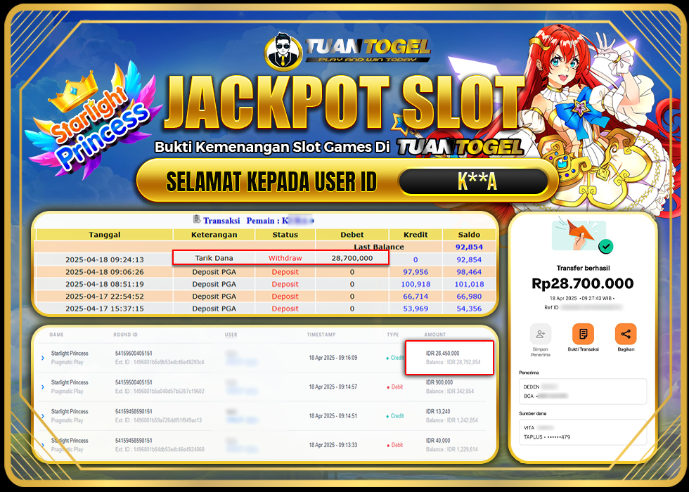 TUANTOGEL JACKPOT SLOT STARLIGHT PRINCESS Rp28.700.000